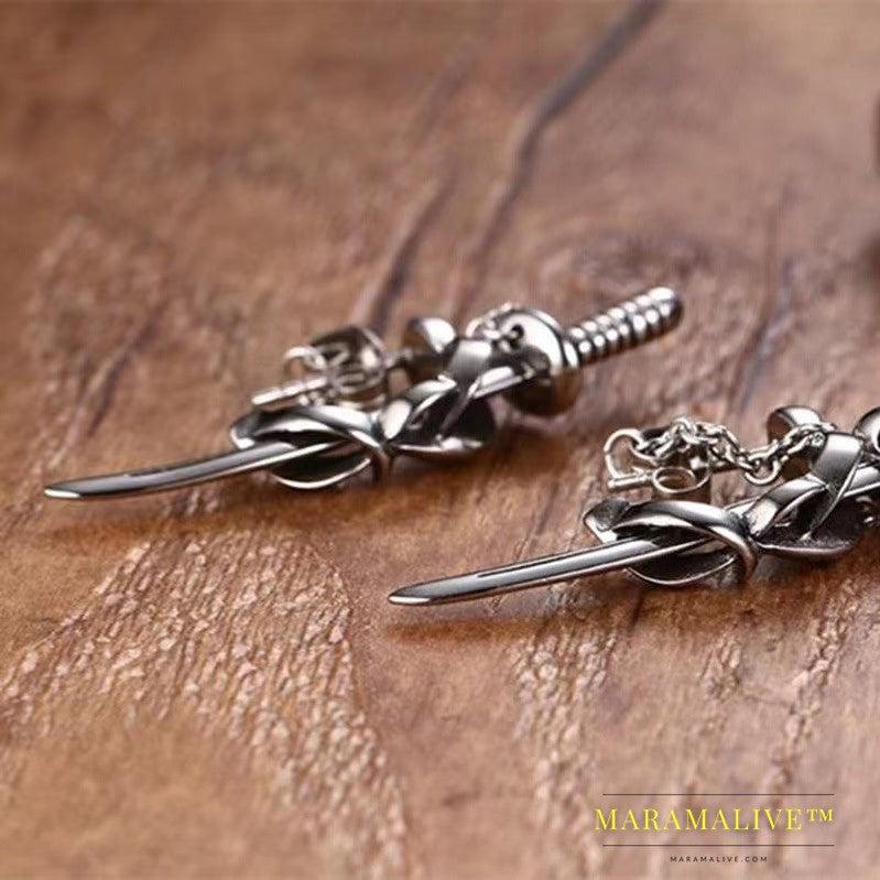 Trendy Fashion Hip Hop Punk Men's Cross Sword Chain Stud Earrings