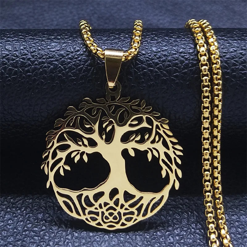 Trendy Hip-Hop Style Stainless Steel Tree of Life Pendant Necklace - Unisex Dark Jewelry, Unique Statement Piece