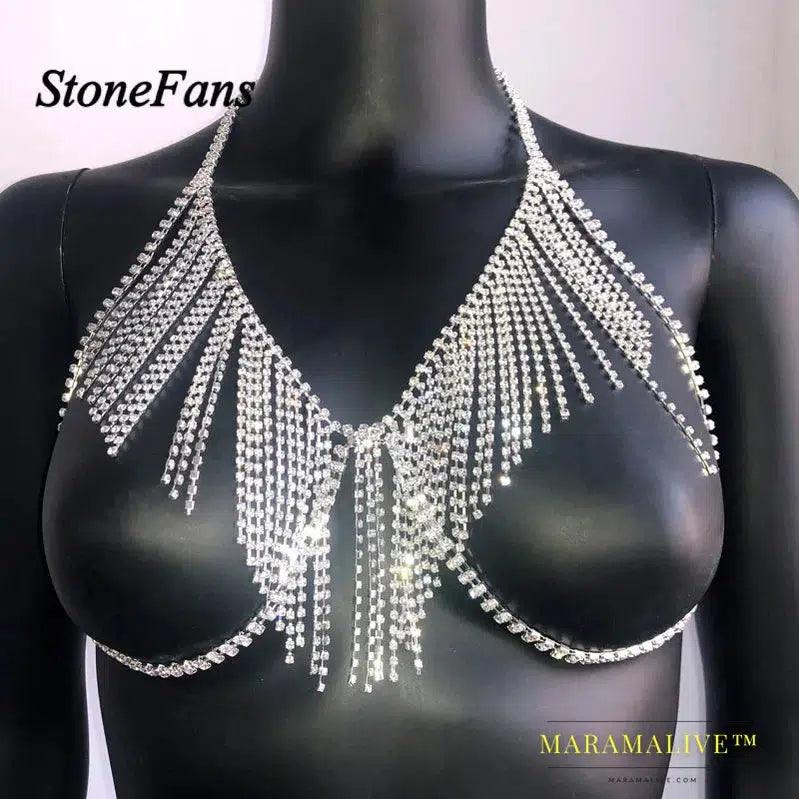 Trendy Multilayer Chain Rhinestone Body Jewelry for Women Tassel Body Chain Bra and Thong Set for Underwear Jewellery