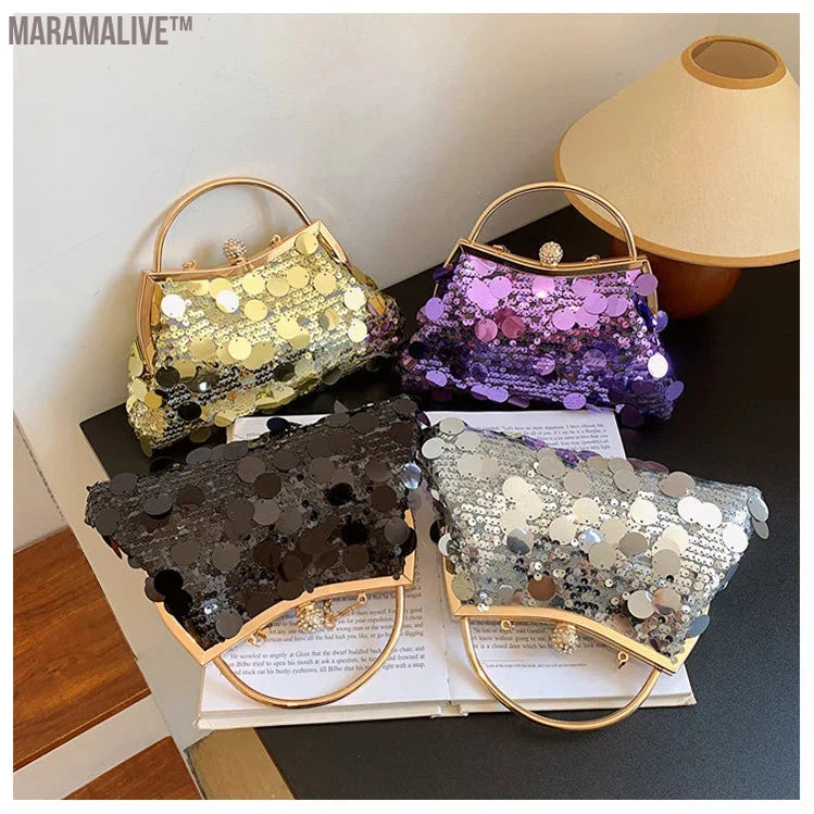 Trendy Purple Round Sequin Clutches Metal Handle Handbag Wedding Party Evening Bag Purse Chain Shoulder Messenger Bag For Women