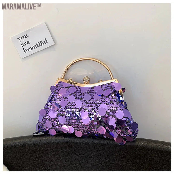 Trendy Purple Round Sequin Clutches Metal Handle Handbag Wedding Party Evening Bag Purse Chain Shoulder Messenger Bag For Women