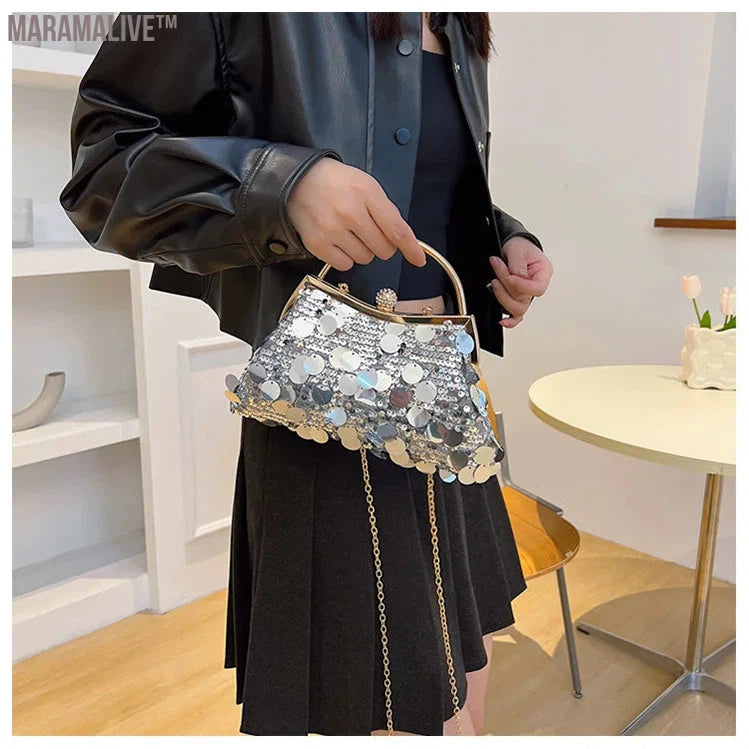 Trendy Purple Round Sequin Clutches Metal Handle Handbag Wedding Party Evening Bag Purse Chain Shoulder Messenger Bag For Women