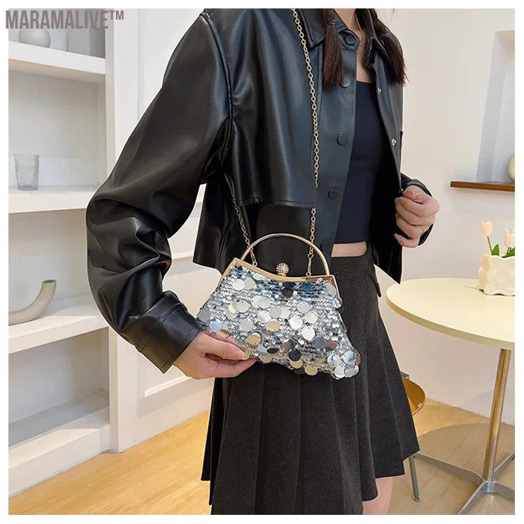 Trendy Purple Round Sequin Clutches Metal Handle Handbag Wedding Party Evening Bag Purse Chain Shoulder Messenger Bag For Women