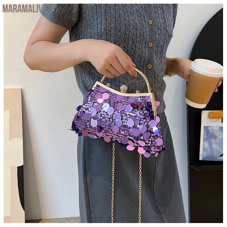 Trendy Purple Round Sequin Clutches Metal Handle Handbag Wedding Party Evening Bag Purse Chain Shoulder Messenger Bag For Women