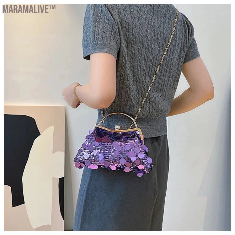 Trendy Purple Round Sequin Clutches Metal Handle Handbag Wedding Party Evening Bag Purse Chain Shoulder Messenger Bag For Women