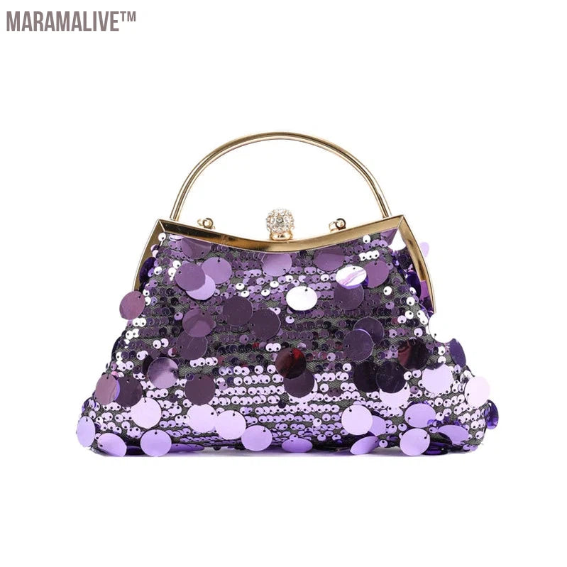 Trendy Purple Round Sequin Clutches Metal Handle Handbag Wedding Party Evening Bag Purse Chain Shoulder Messenger Bag For Women