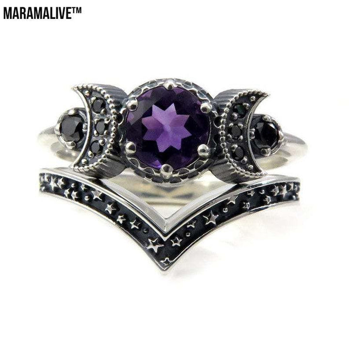 Triple Moon Goddess Gothic Amethyst Crystal Ring