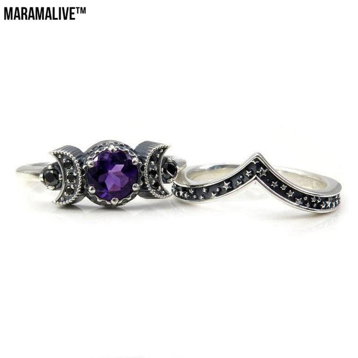 Triple Moon Goddess Gothic Amethyst Crystal Ring