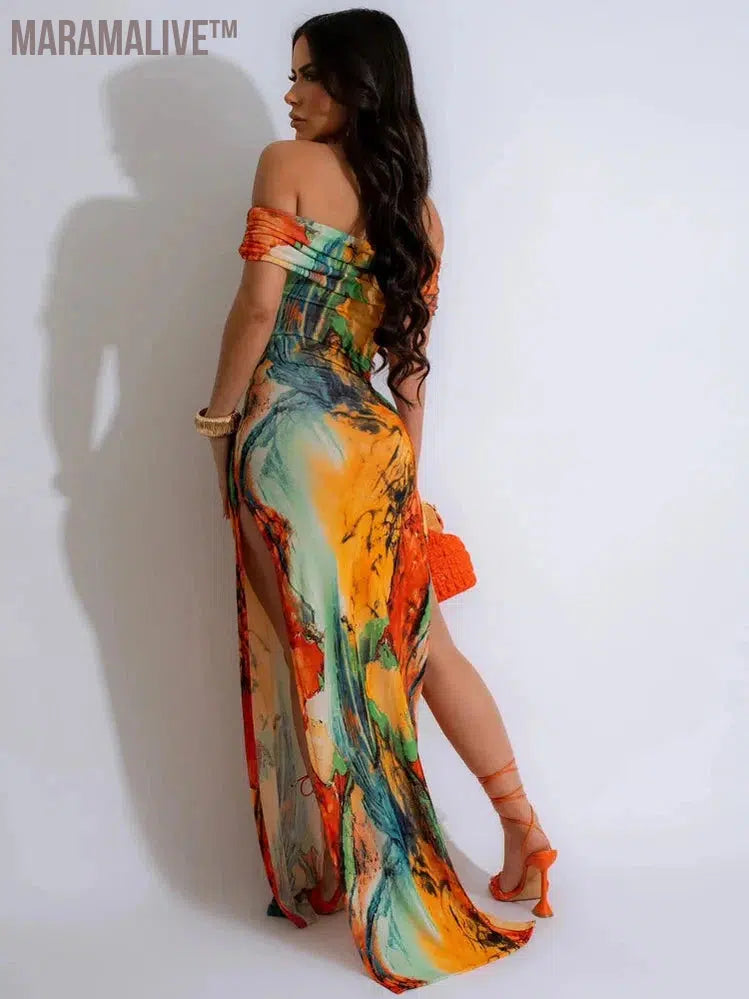 Tropical Orange Multi-Color Print Off-The Shoulder Long Maxi Dress Women's High Slit Vacation Dresses Party Club Wear