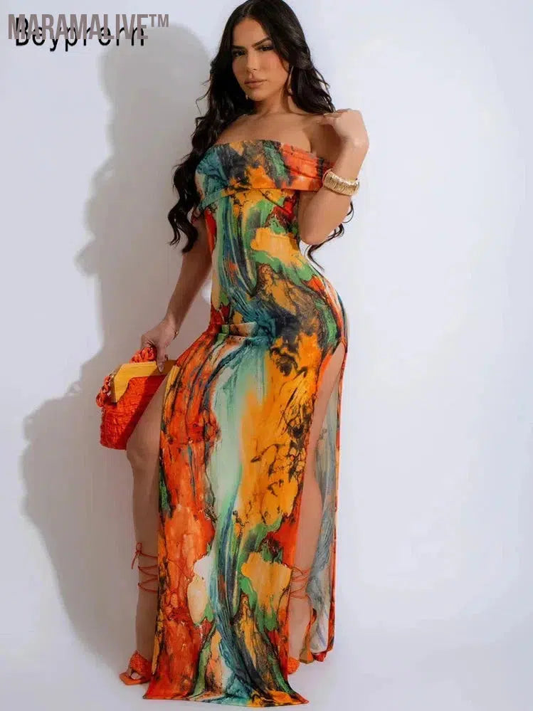 Tropical Orange Multi-Color Print Off-The Shoulder Long Maxi Dress Women's High Slit Vacation Dresses Party Club Wear