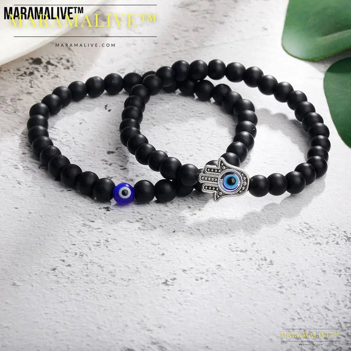 Turquoise Glaze Beaded Devil's Eye Bracelet Set - 6cm Black Glass