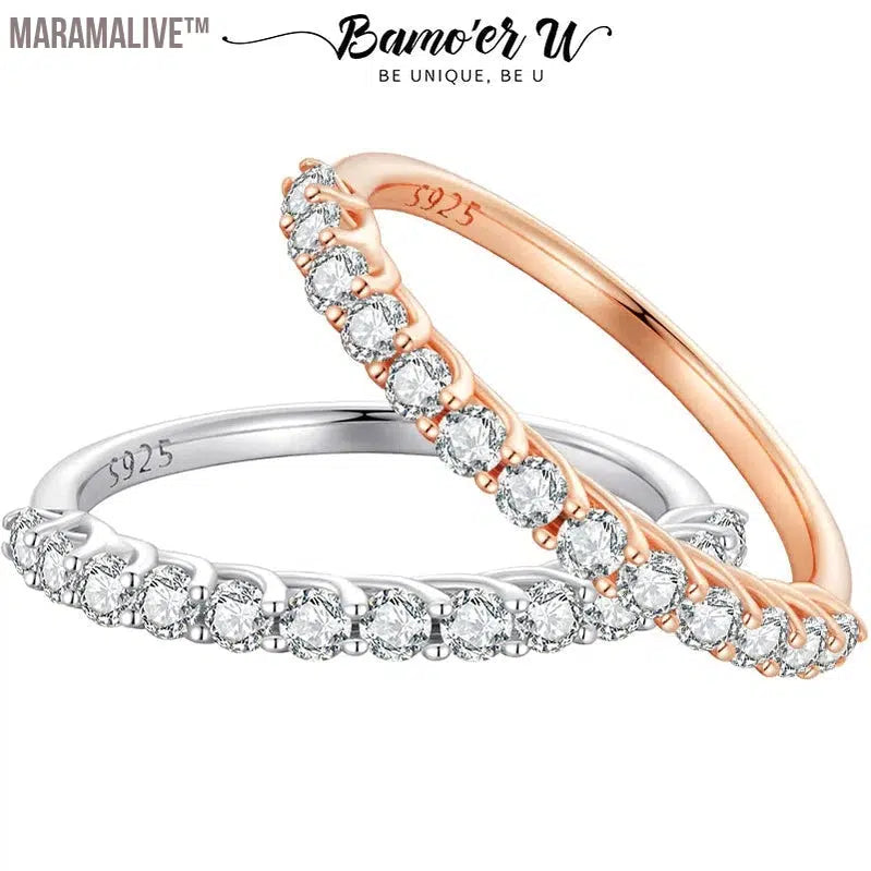 U Moissanite Ring Half Eternity Band Round Cut Diamond Ring 925 Sterling Silver Finger Ring Wedding Fine Jewelry Gifts