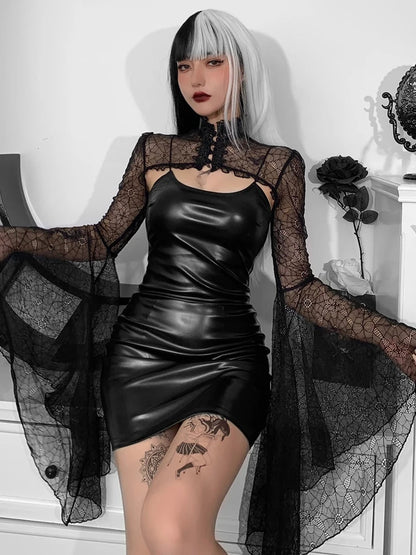 Gothic Punk Balck Faux Leather 2Pcs Dress Vintage Flare Sleeve Crop Tops Women Sexy Backless Nightclub Dresses