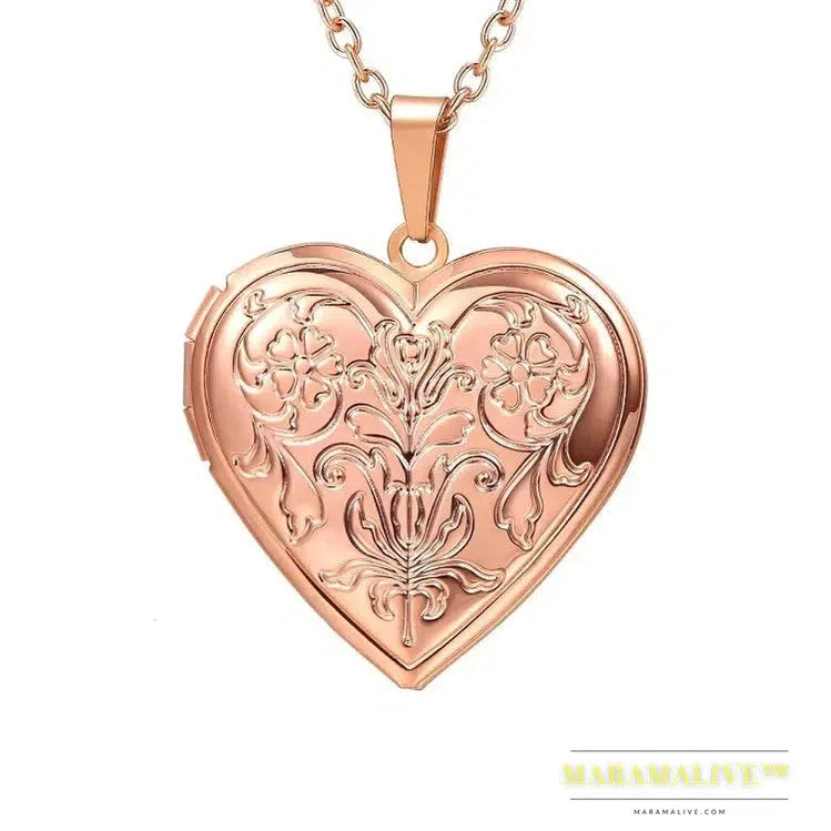 U7 Openable Heart Locket Necklace Photo Frame Memory Romantic Love Embossed Rose Flower Pendant for Women Best Mother's Day Gift