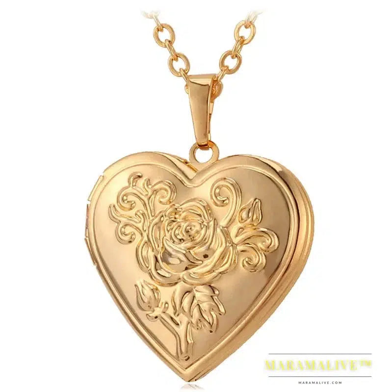 U7 Openable Heart Locket Necklace Photo Frame Memory Romantic Love Embossed Rose Flower Pendant for Women Best Mother's Day Gift