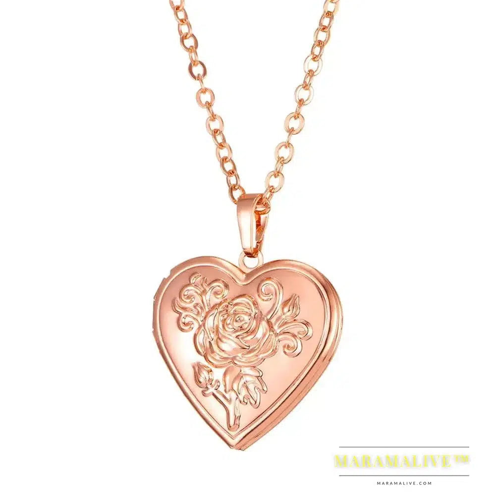 U7 Openable Heart Locket Necklace Photo Frame Memory Romantic Love Embossed Rose Flower Pendant for Women Best Mother's Day Gift