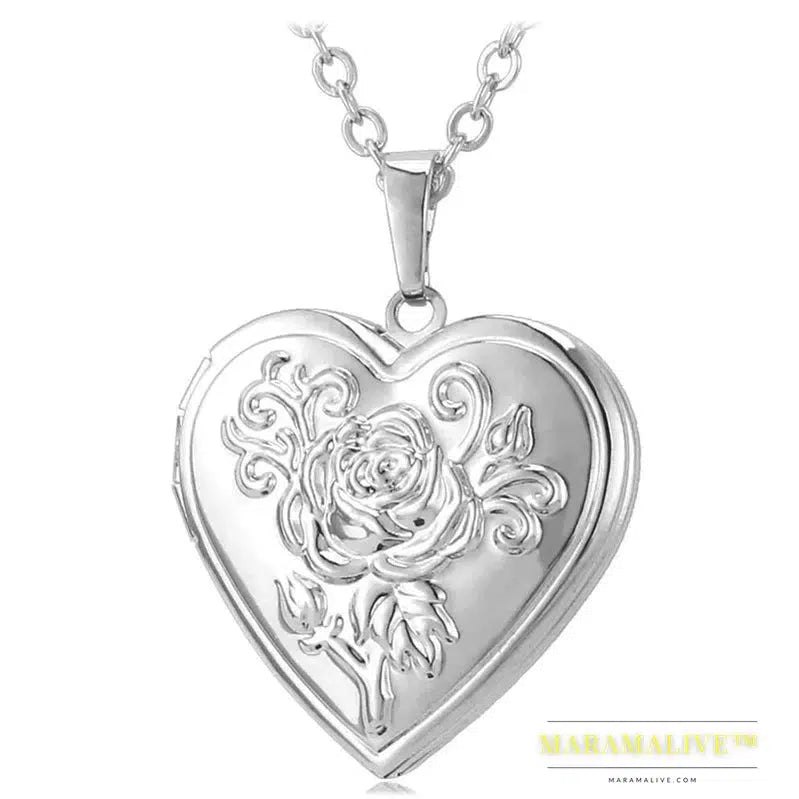 U7 Openable Heart Locket Necklace Photo Frame Memory Romantic Love Embossed Rose Flower Pendant for Women Best Mother's Day Gift