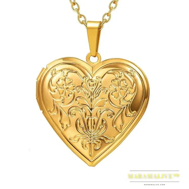 U7 Openable Heart Locket Necklace Photo Frame Memory Romantic Love Embossed Rose Flower Pendant for Women Best Mother's Day Gift