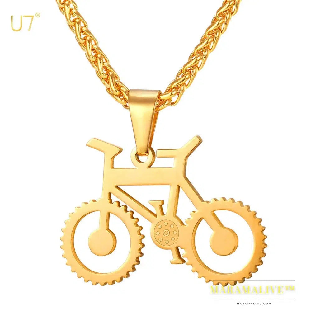 U7 Stainless Steel Bicycle Sports Charm Bike Pendant Necklace Black Gold Color Steampunk Biking Jewelry Gift