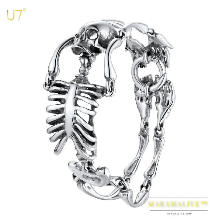 U7 Stainless Steel Gothic Skull Bracelet for Men Steampunk Heavy Skeleton Wristband Chains Halloween Party Accessories