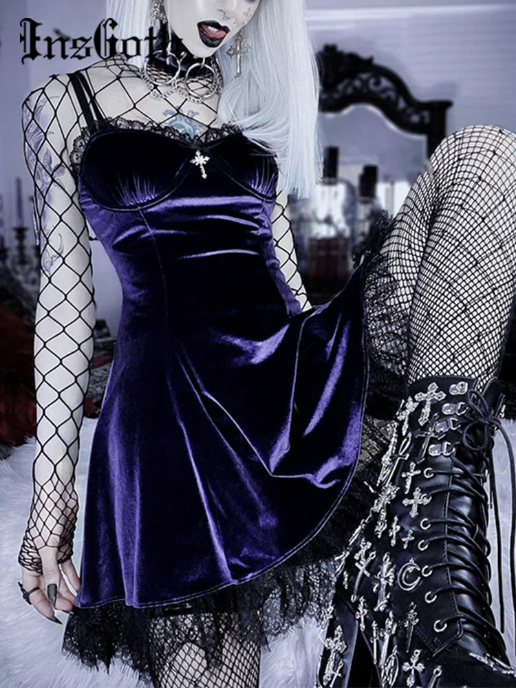 Goth Cross Sexy Purple Dress Vintage Velvet A Line Lolita Dress Aesthetic Gothic High Waist Ladies Club Party Dresses