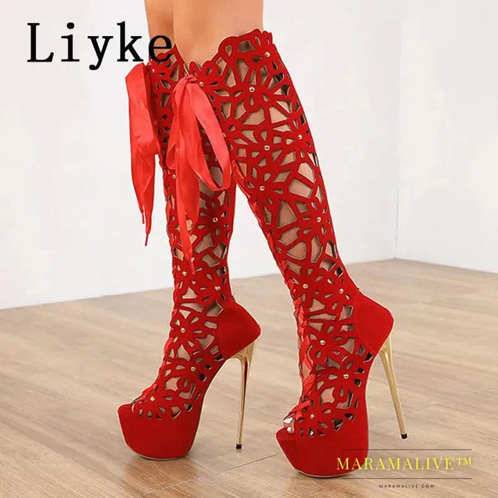 Ultra Thin High Heels Sexy Nightclub Hollow Out Over The Knee Boots Women Peep Toe Lace-Up Zip Platform Shoes Sandals