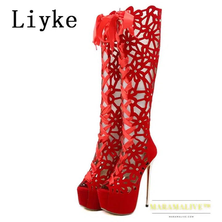 Ultra Thin High Heels Sexy Nightclub Hollow Out Over The Knee Boots Women Peep Toe Lace-Up Zip Platform Shoes Sandals