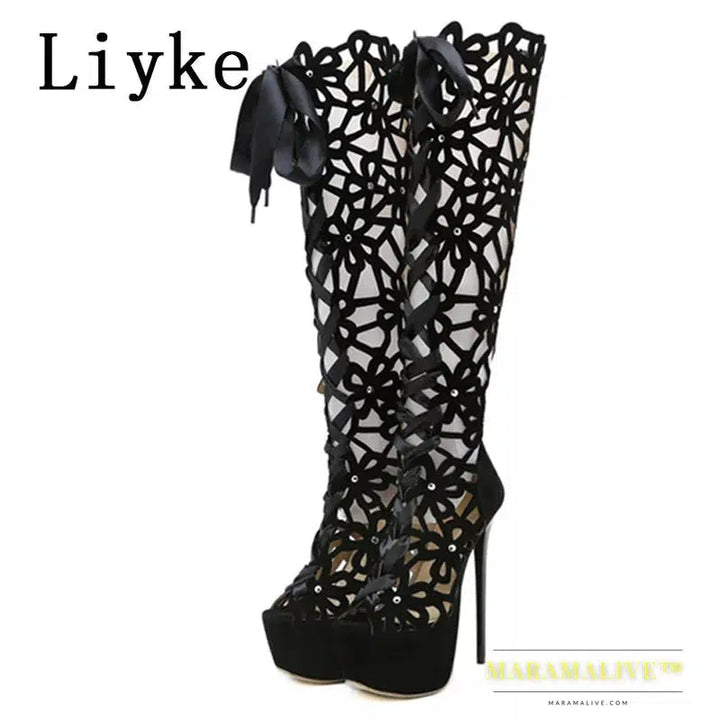 Ultra Thin High Heels Sexy Nightclub Hollow Out Over The Knee Boots Women Peep Toe Lace-Up Zip Platform Shoes Sandals