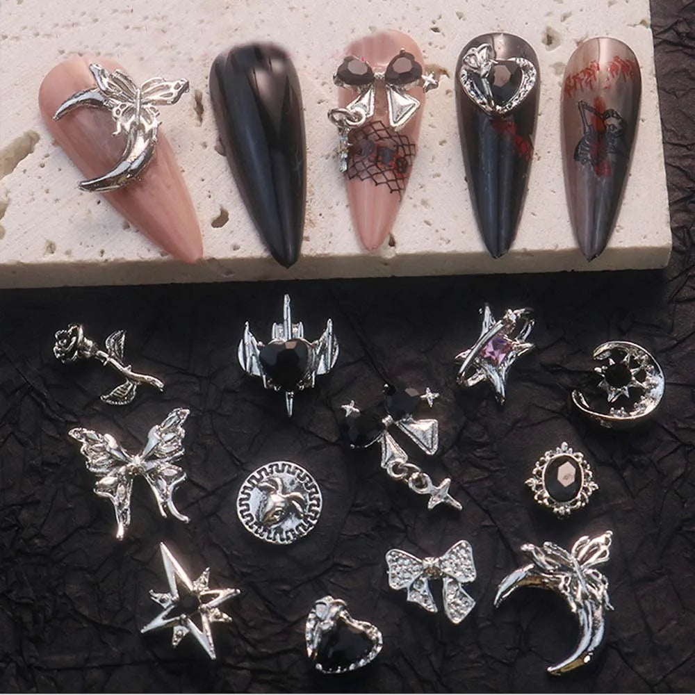 Unique 10Pcs Gothic Punk Style Nail Art Charms with 3D Alloy Cross Pentagram Designs and Inlaid Black Crystals