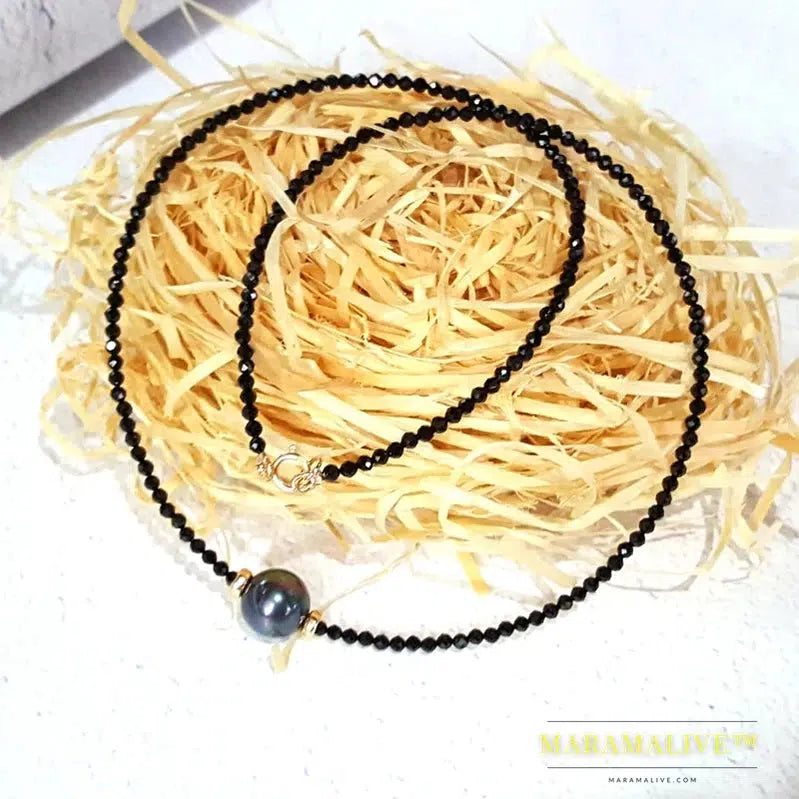 Unique Choker Necklace Real Black Spinel Faceted Beads Tahitian Black Shell Pearl 925 Sterling Silver Gold Color Gift