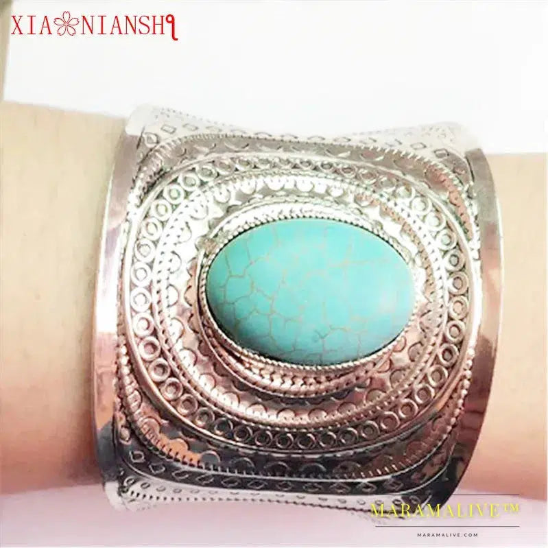 Unique Design Ethnic Jewelry Big Crystal Open Wide Arm Cuff Bangle Blue Stone Men Bracelet Statement Bangles Armband For Women