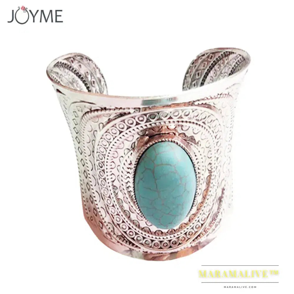 Unique Design Ethnic Jewelry Big Crystal Open Wide Arm Cuff Bangle Blue Stone Men Bracelet Statement Bangles Armband For Women