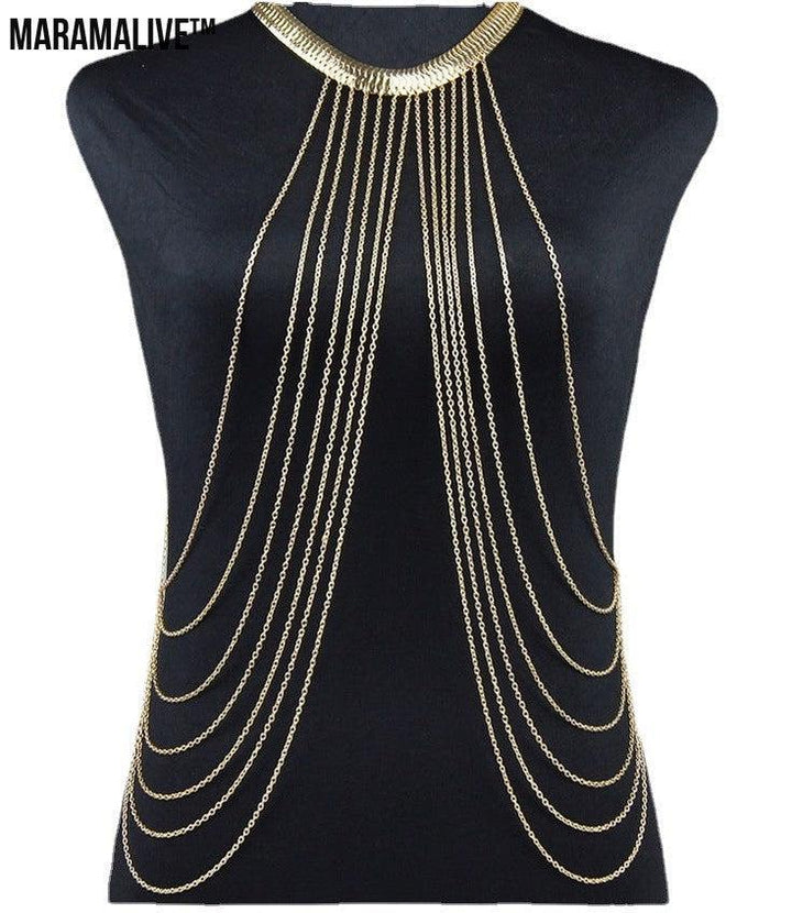 Unique Gothic Body Jewelry Tassel Chain Necklace Over Shirt