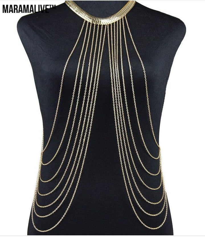 Unique Gothic Body Jewelry Tassel Chain Necklace Over Shirt