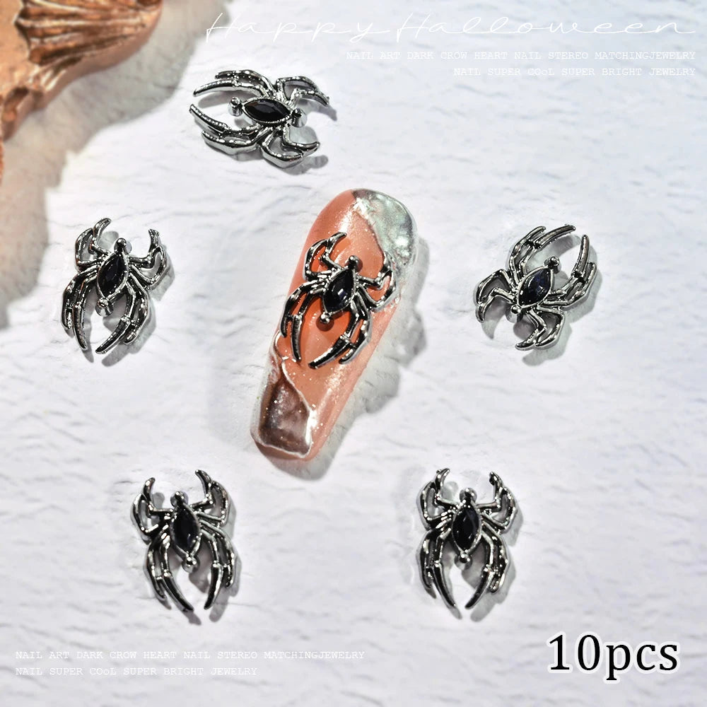 Unique Gothic Punk 3D Nail Art Charms - Steampunk Skeleton Cross Heart Spider - 10PCS Set for Trendy Halloween Nail Accessory