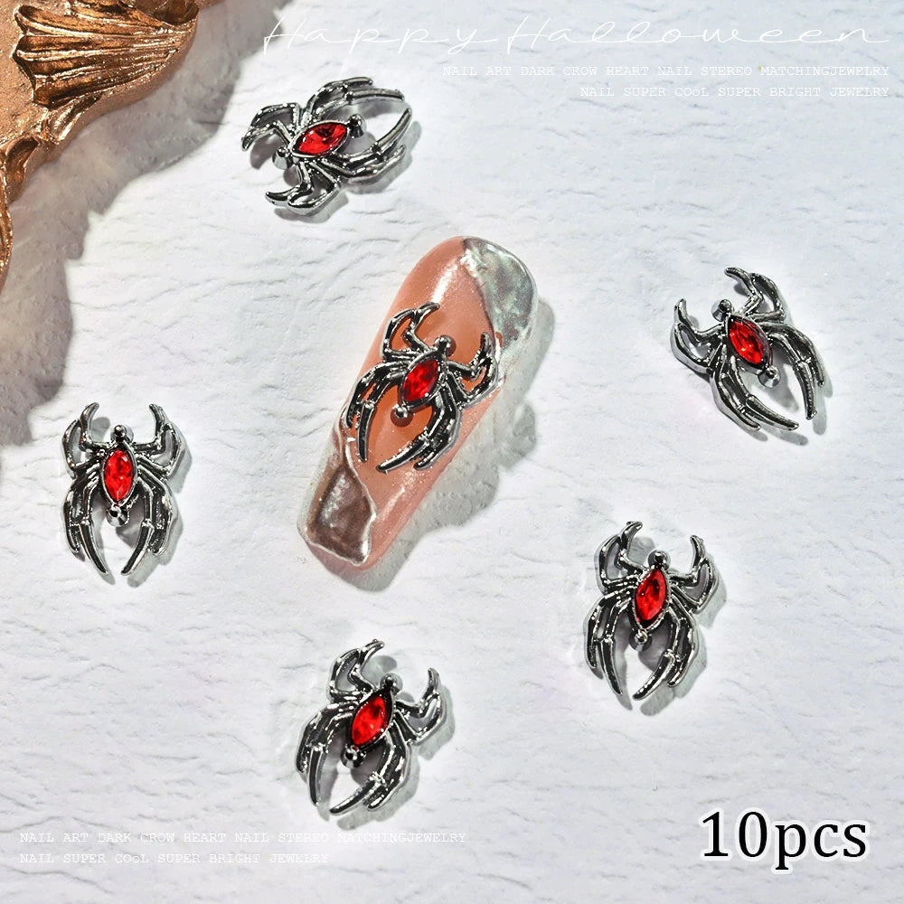 Unique Gothic Punk 3D Nail Art Charms - Steampunk Skeleton Cross Heart Spider - 10PCS Set for Trendy Halloween Nail Accessory