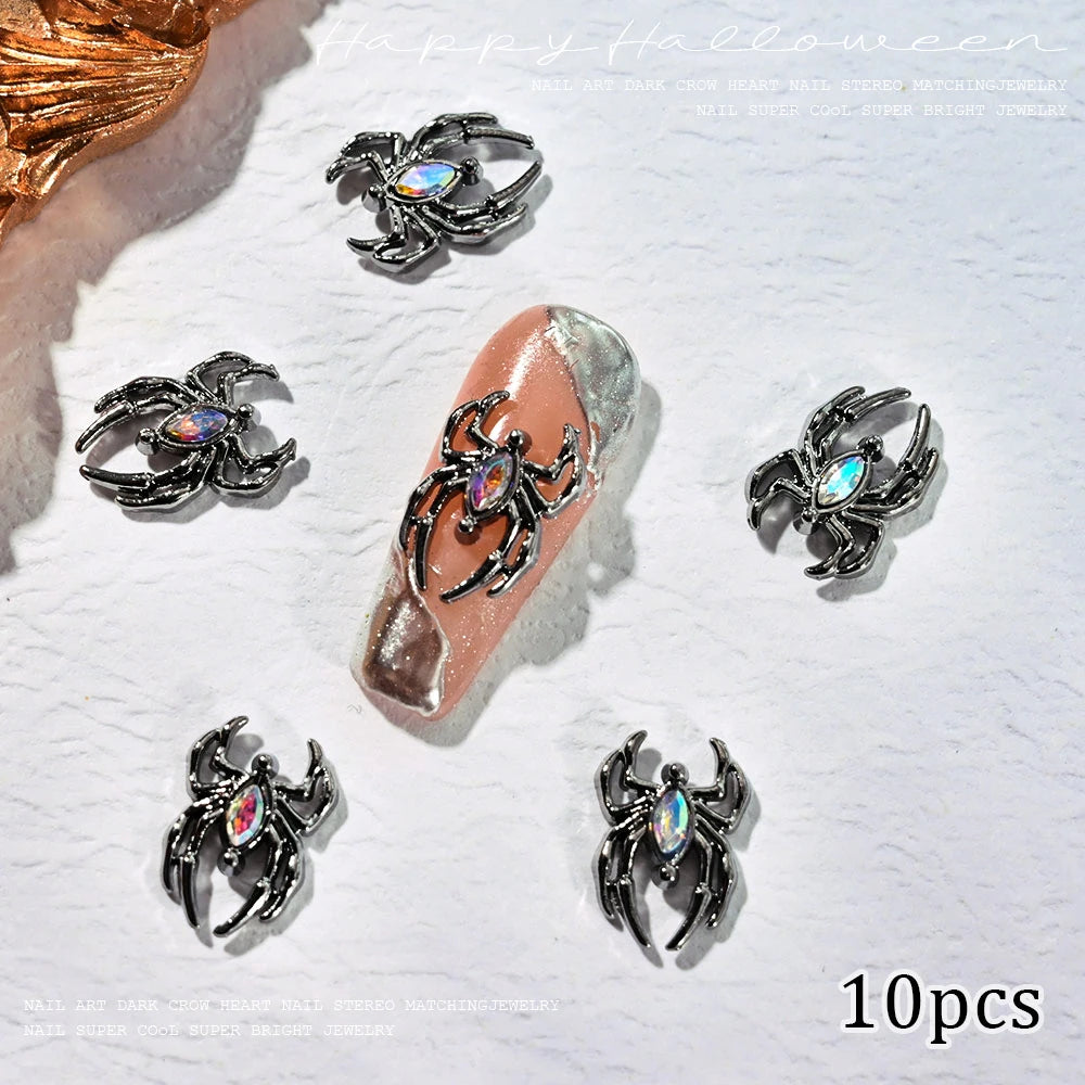 Unique Gothic Punk 3D Nail Art Charms - Steampunk Skeleton Cross Heart Spider - 10PCS Set for Trendy Halloween Nail Accessory