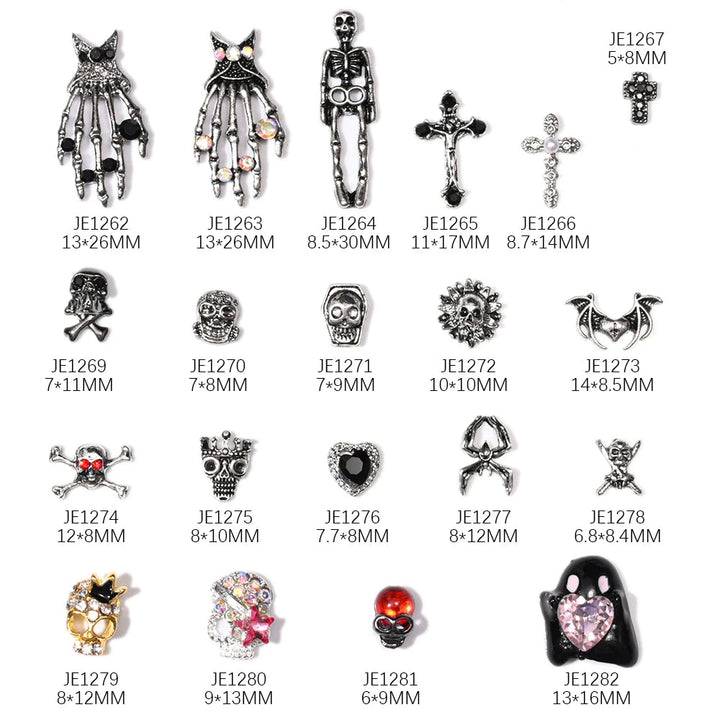 Unique Gothic Punk 3D Nail Art Charms - Steampunk Skeleton Cross Heart Spider - 10PCS Set for Trendy Halloween Nail Accessory