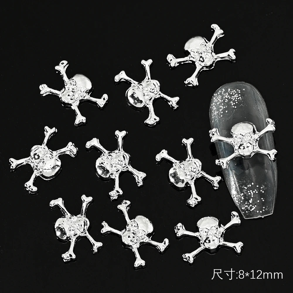 Unique Gothic Punk 3D Nail Art Charms - Steampunk Skeleton Cross Heart Spider - 10PCS Set for Trendy Halloween Nail Accessory