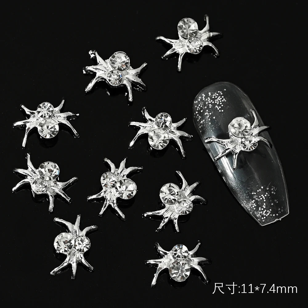 Unique Gothic Punk 3D Nail Art Charms - Steampunk Skeleton Cross Heart Spider - 10PCS Set for Trendy Halloween Nail Accessory