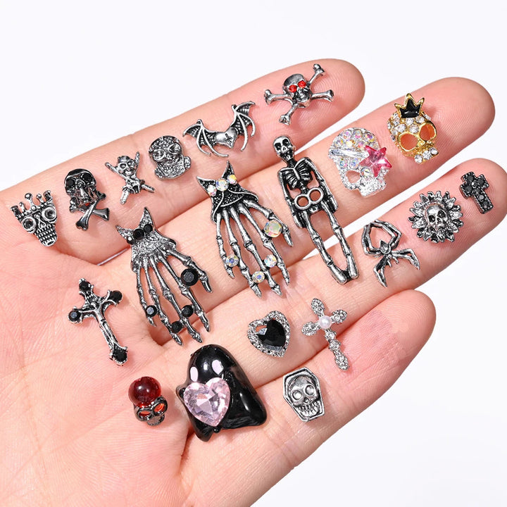 Unique Gothic Punk 3D Nail Art Charms - Steampunk Skeleton Cross Heart Spider - 10PCS Set for Trendy Halloween Nail Accessory