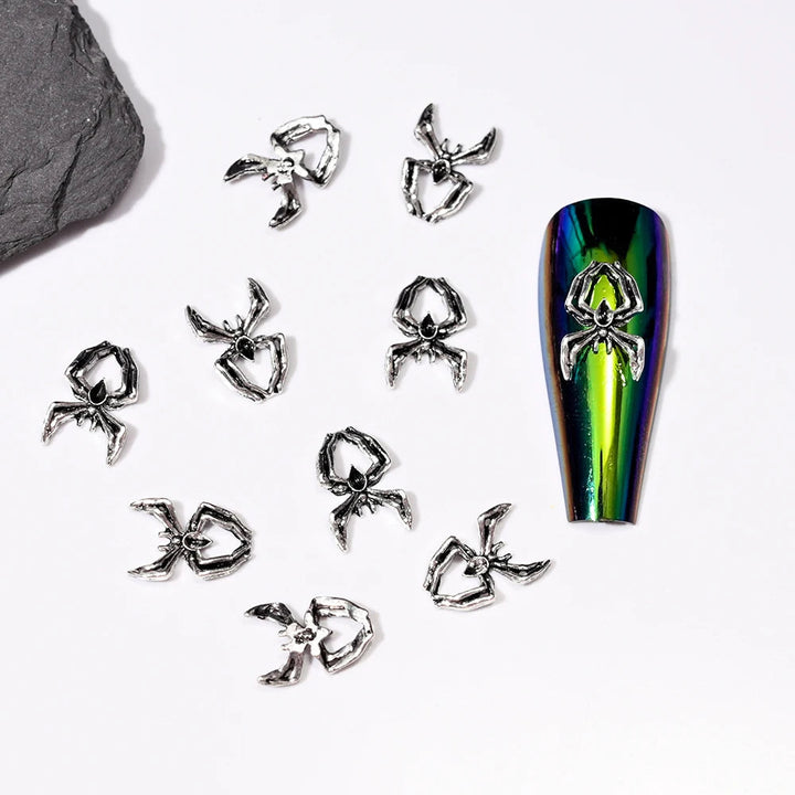 Unique Gothic Punk 3D Nail Art Charms - Steampunk Skeleton Cross Heart Spider - 10PCS Set for Trendy Halloween Nail Accessory