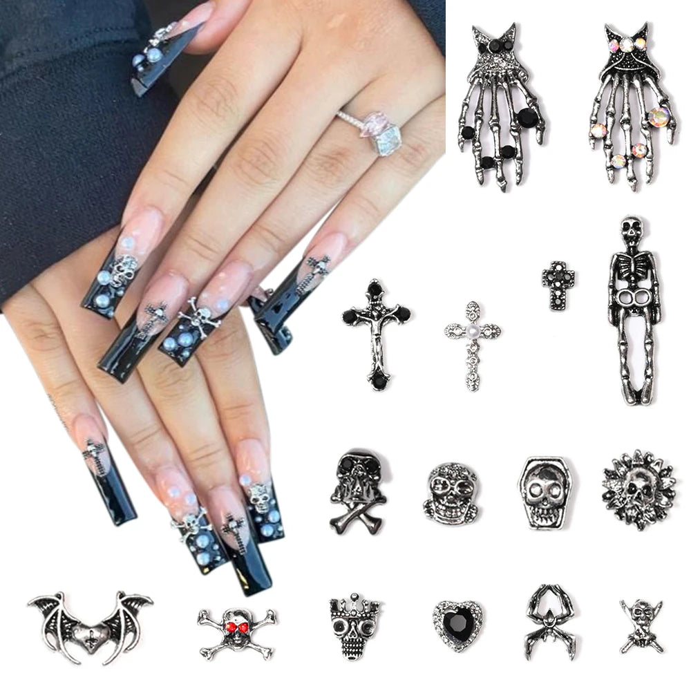 Unique Gothic Punk 3D Nail Art Charms - Steampunk Skeleton Cross Heart Spider - 10PCS Set for Trendy Halloween Nail Accessory