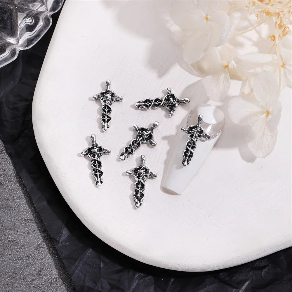 Unique Steampunk Gothic 3D Alloy Nail Art Skeleton Cross Charms - 10PCS Set - Perfect For Halloween Decoration Design Supplies Tool