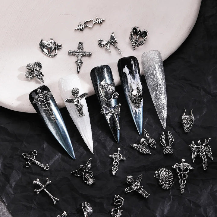 Unique Steampunk Gothic 3D Alloy Nail Art Skeleton Cross Charms - 10PCS Set - Perfect For Halloween Decoration Design Supplies Tool