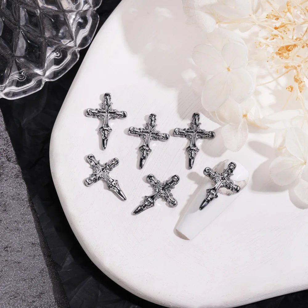 Unique Steampunk Gothic 3D Alloy Nail Art Skeleton Cross Charms - 10PCS Set - Perfect For Halloween Decoration Design Supplies Tool