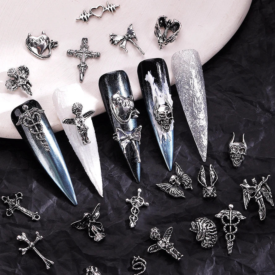 Unique Steampunk Gothic 3D Alloy Nail Art Skeleton Cross Charms - 10PCS Set - Perfect For Halloween Decoration Design Supplies Tool