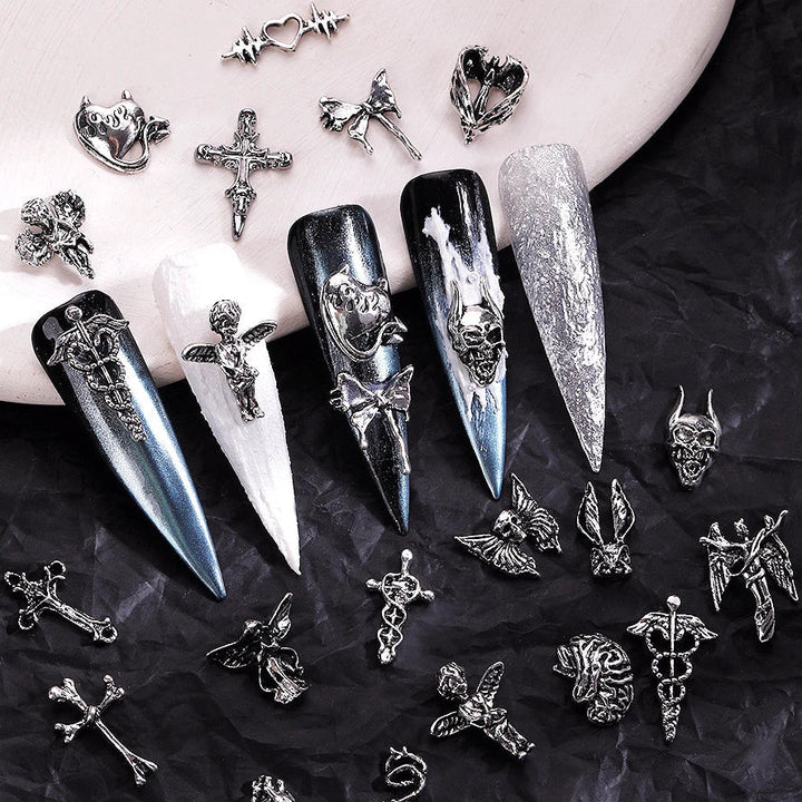 Unique Steampunk Gothic 3D Alloy Nail Art Skeleton Cross Charms - 10PCS Set - Perfect For Halloween Decoration Design Supplies Tool