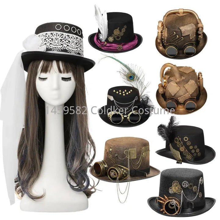 Unique Steampunk Top Hat - Victorian Gothic Rivet Style - Retro Metal Gears - Unisex Wide Brim Headwear for Jazz Cosplay & Fancy Dress