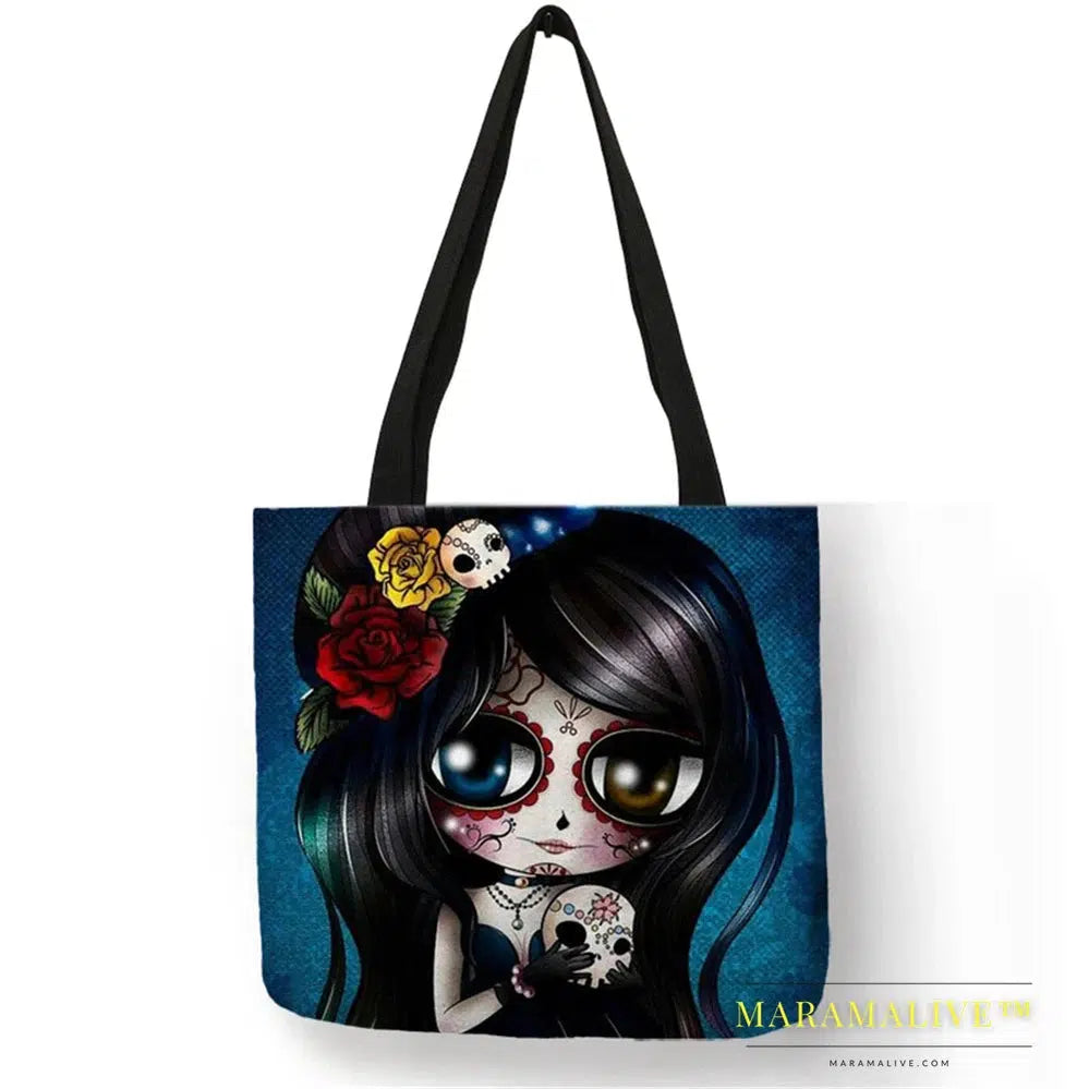 Unique Sugar Skull Print Tote Bags For Women Traveling Shopping Bags Large Capacity Foldable Lady Printed Handbags